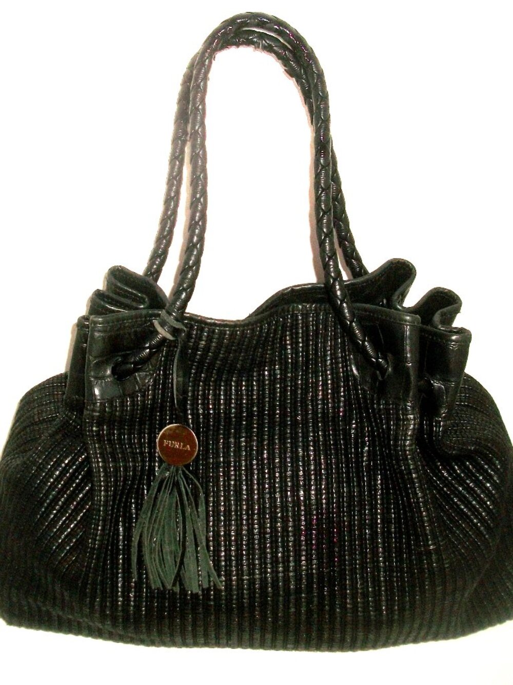 Vintage Furla Italy Large Black Woven-Leather Shoulder/Handbag w Bag Charm